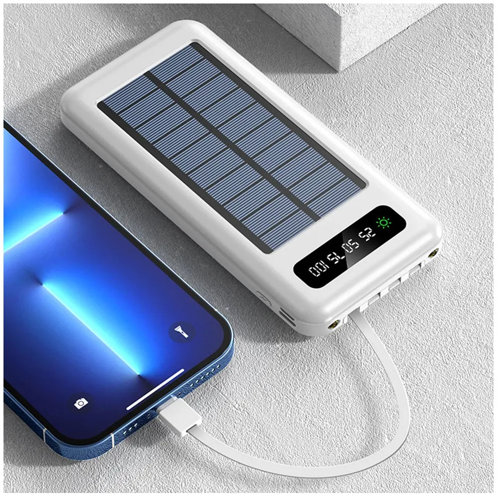 Batería Portátil Power Bank Solar 20000mAh Cables Integrados Luz LED