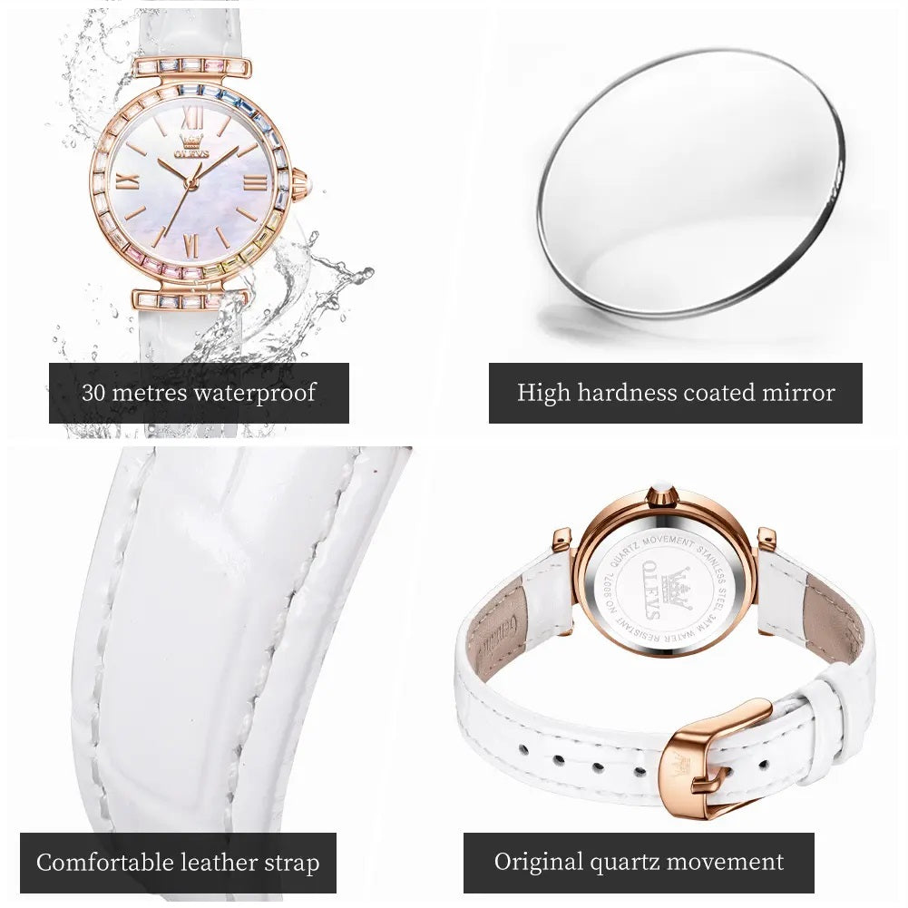 Reloj de Mujer Elegante con Correa de Cuero y Cristales Multicolor