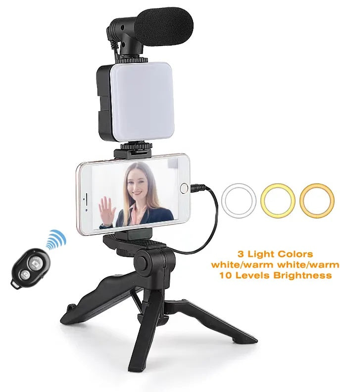 Kit de Grabación Micrófono Luz Led Soporte Control Remoto Trípode