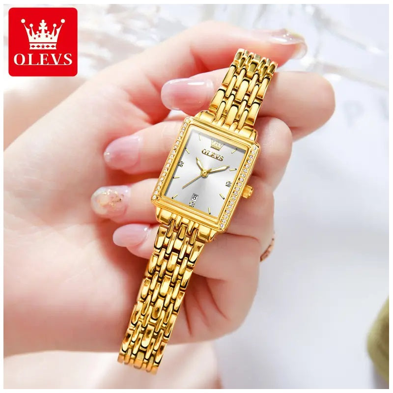 Reloj de Mujer Elegante Rectangular de Acero Inoxidable con Movimiento de Cuarzo, Calendario
