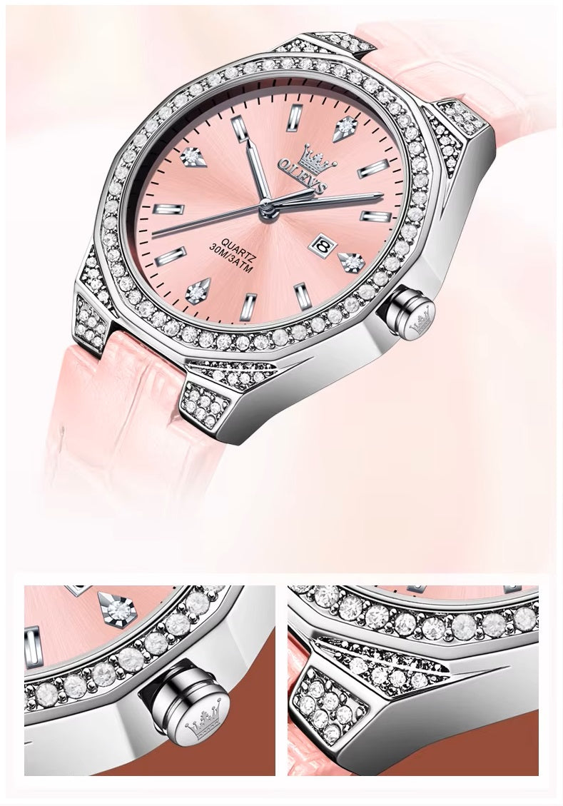Reloj de Cuarzo para Mujer Correa de Cuero Rosa, Esfera de Cristales