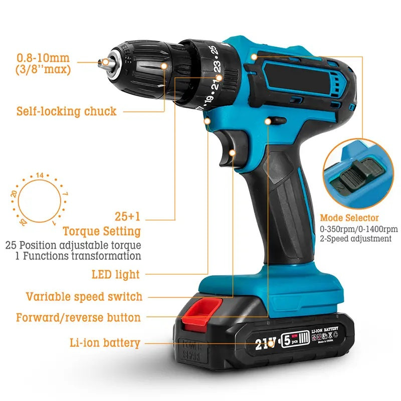Taladro Portátil Recargable 36V con 24 Accesorios 32Nm Máx. Luz Led