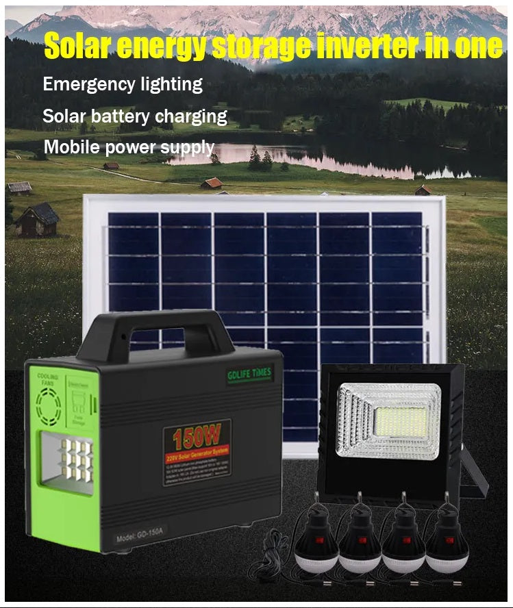 Generador Solar 150W 4 Ampolletas LED Reflector / Panel Solar 50400mAh