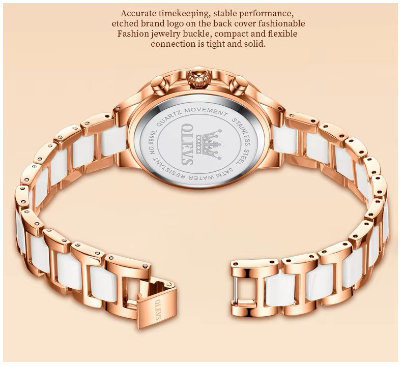 Reloj de Mujer Multifuncional Correa de Acero Inoxidable con Cerámica