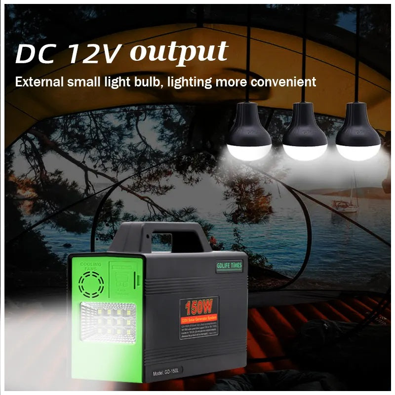 Generador Solar 150W 4 Ampolletas LED Reflector / Panel Solar 50400mAh