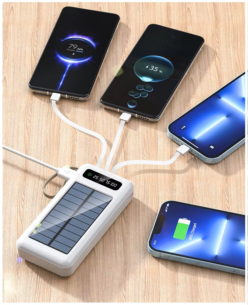 Batería Portátil Power Bank Solar 20000mAh Cables Integrados Luz LED