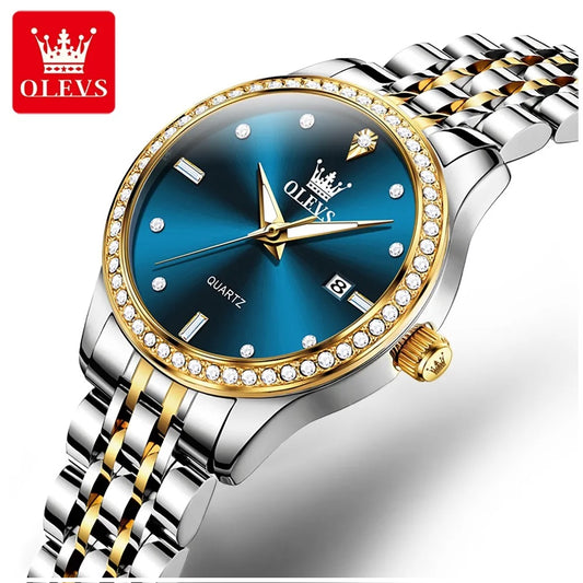 Reloj de Pulsera Lujo Mujer Cuarzo, Esfera Azul, Circonias Brillantes