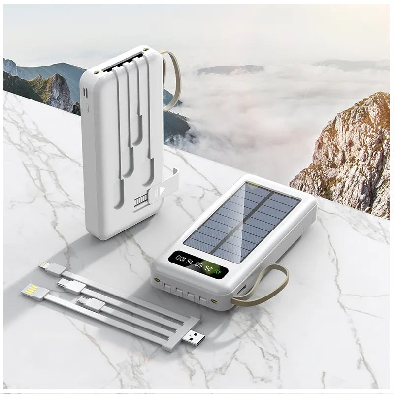 Batería Portátil Power Bank Solar 20000mAh Cables Integrados Luz LED