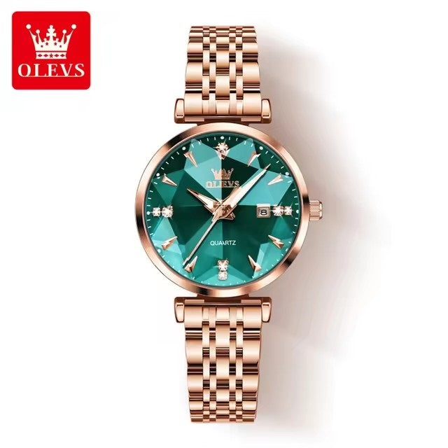 Reloj de Cuarzo para Mujer Esfera Esmeralda Detalles de Cristal Correa Acero Inoxidable