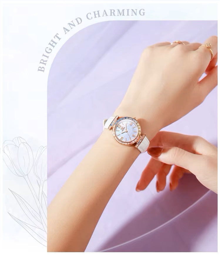 Reloj de Mujer Elegante con Correa de Cuero y Cristales Multicolor