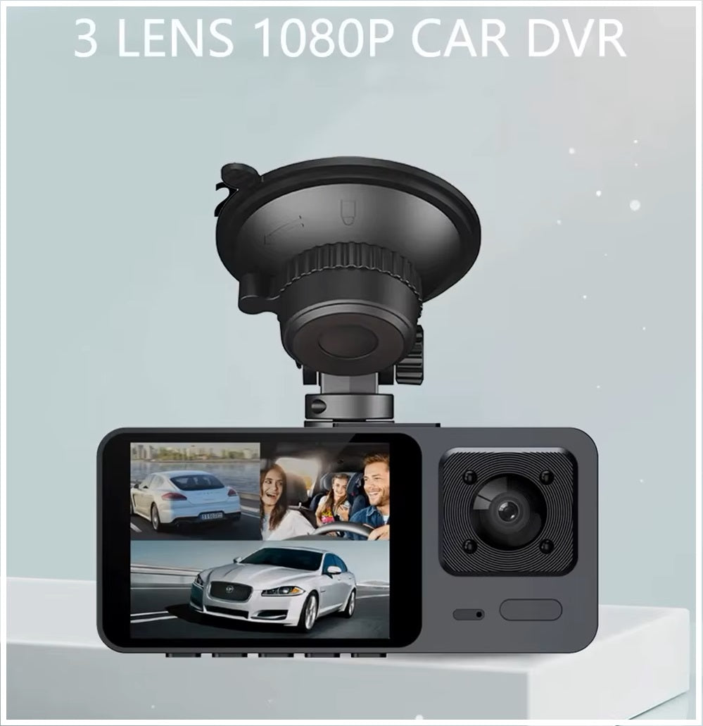 Cámara Dashcam de 3 Lentes Full HD 1080P | Visión Nocturna, Sensor G y Modo Estacionamiento 24H