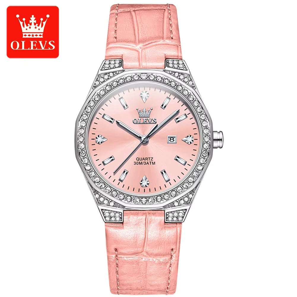 Reloj de Cuarzo para Mujer Correa de Cuero Rosa, Esfera de Cristales