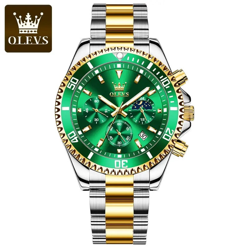 Reloj Cronógrafo Deportivo Hombre Acero Inoxidable Verde Dorado 42.5mm - Multifunción, Calendario, Resistente al Agua