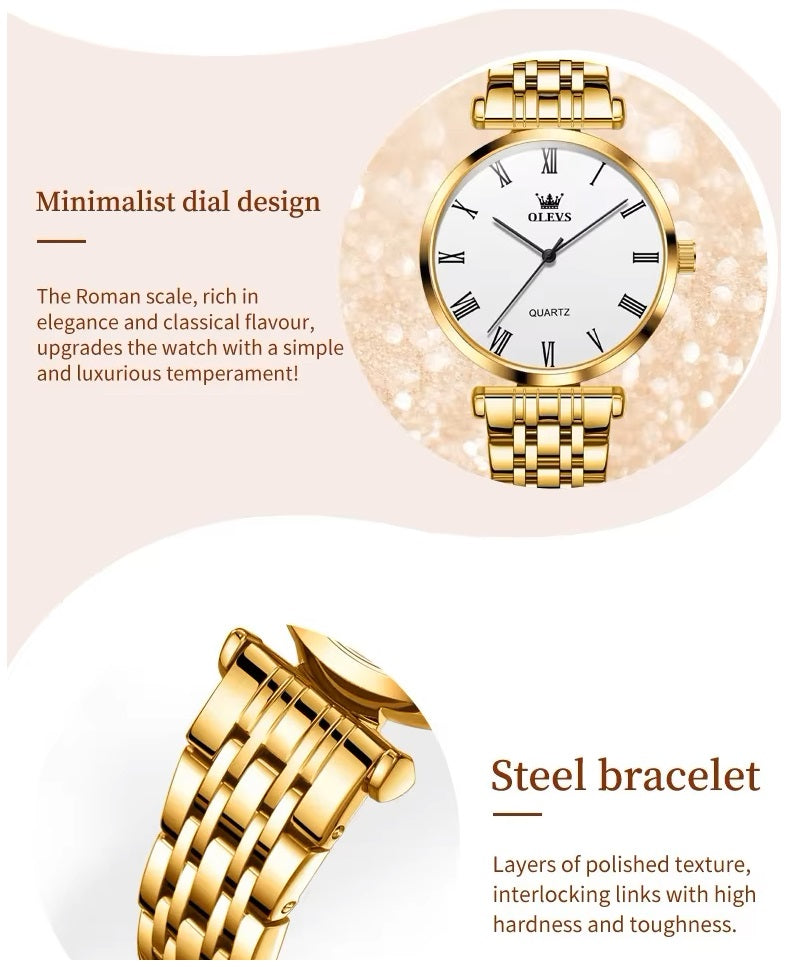 Reloj de Mujer Elegante de Cuarzo Pulsera de Acero Inoxidable Dorado