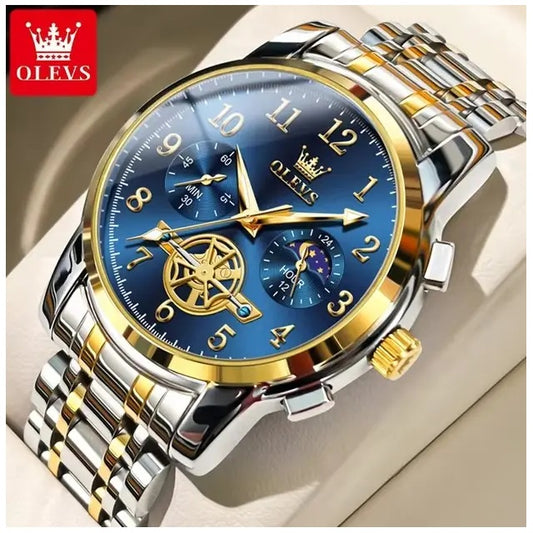 Reloj Cronógrafo de Lujo Hombre con Esfera Azul, Función Fase Lunar