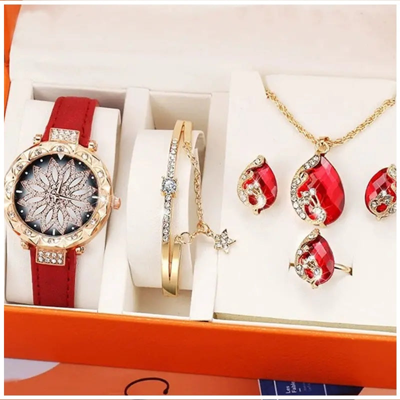 Set de lujo para Mujeres con Reloj Colgante Aros Anillo y Pulsera