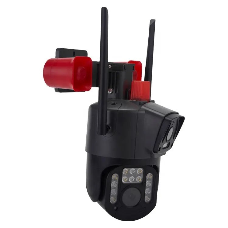 Cámara Seguridad WiFi Doble Lente Sirena Baliza IP23 LED HD Cobertura