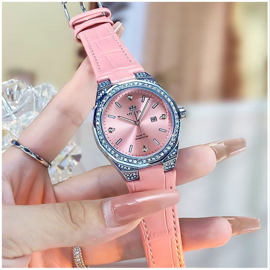 Reloj de Cuarzo para Mujer Correa de Cuero Rosa, Esfera de Cristales