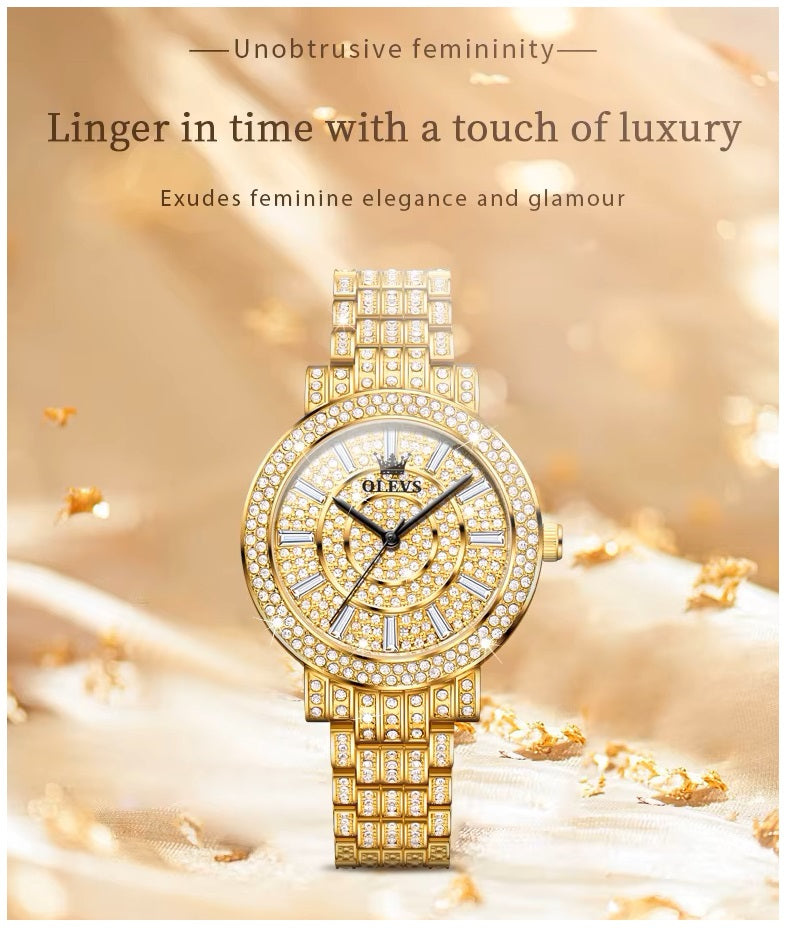 Reloj de Lujo Dorado para Mujer Cuarzo, Cristales y Acabado Metálico