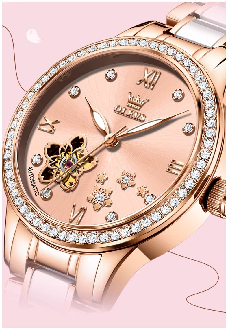 Reloj Automático Mujer Elegante 32mm Acero Inoxidable y Cerámica Diseño Floral Cristales Decorativos