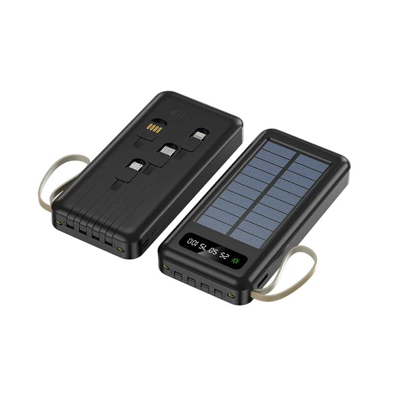 Batería Portátil Power Bank Solar 20000mAh Cables Integrados Luz LED