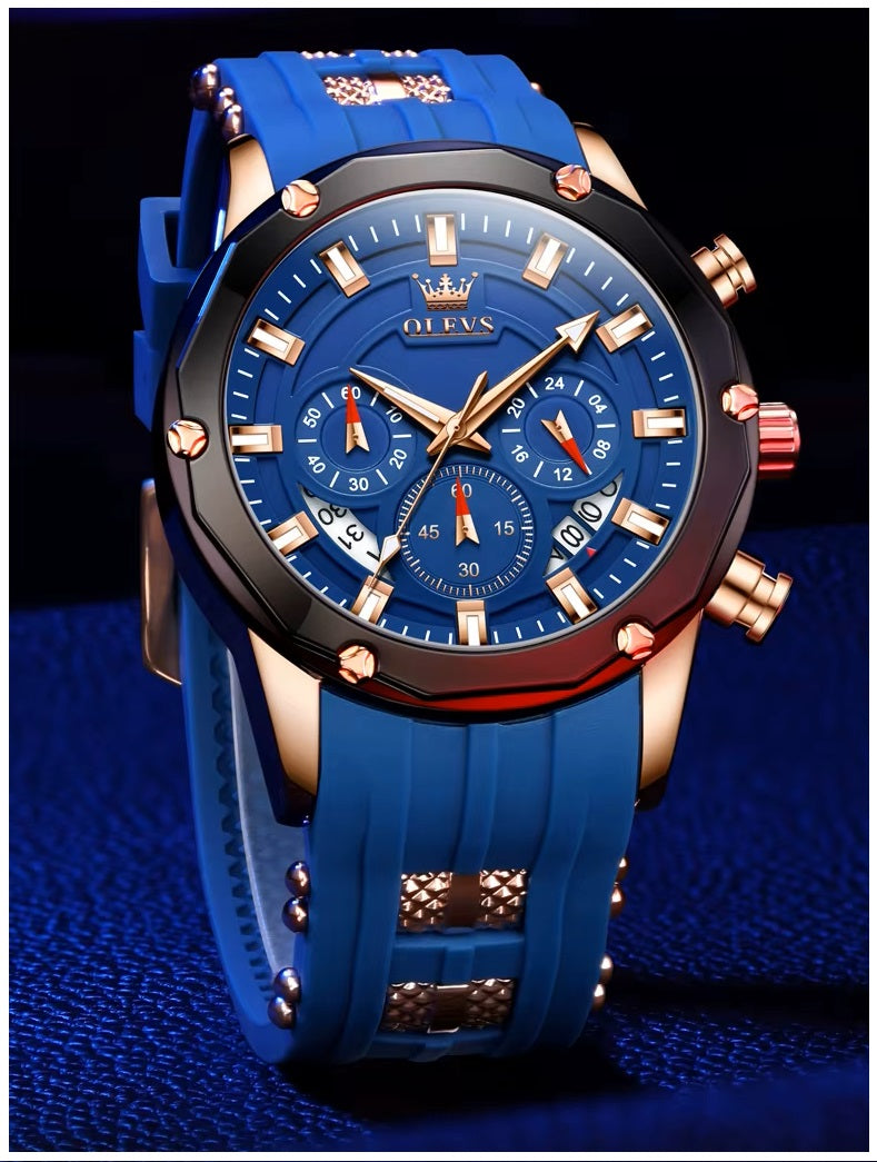 Reloj Cronógrafo Deportivo para Hombre con Calendario Completo Correa de Silicona Azul