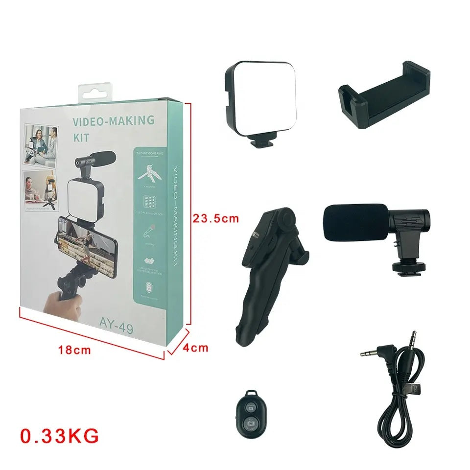 Kit de Grabación Micrófono Luz Led Soporte Control Remoto Trípode