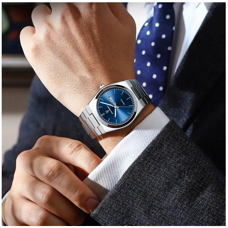 Reloj Analógico de Cuarzo para Hombre 40 mm con Calendario, Cristal Hardlex, Acero Inoxidable, 3 ATM Resistente al Agua, Diseño Elegante para Negocios y Uso Diario