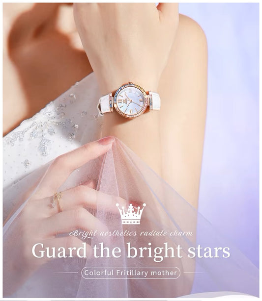 Reloj de Mujer Elegante con Correa de Cuero y Cristales Multicolor