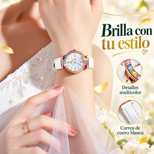 Reloj de mujer con cuero y cristales multicolor · información en castellano