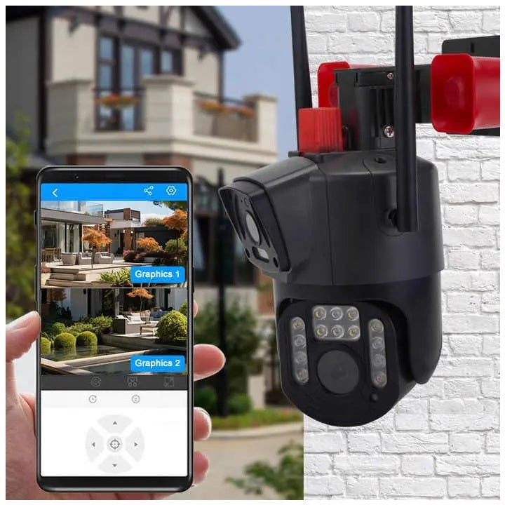 Cámara Seguridad WiFi Doble Lente Sirena Baliza IP23 LED HD Cobertura