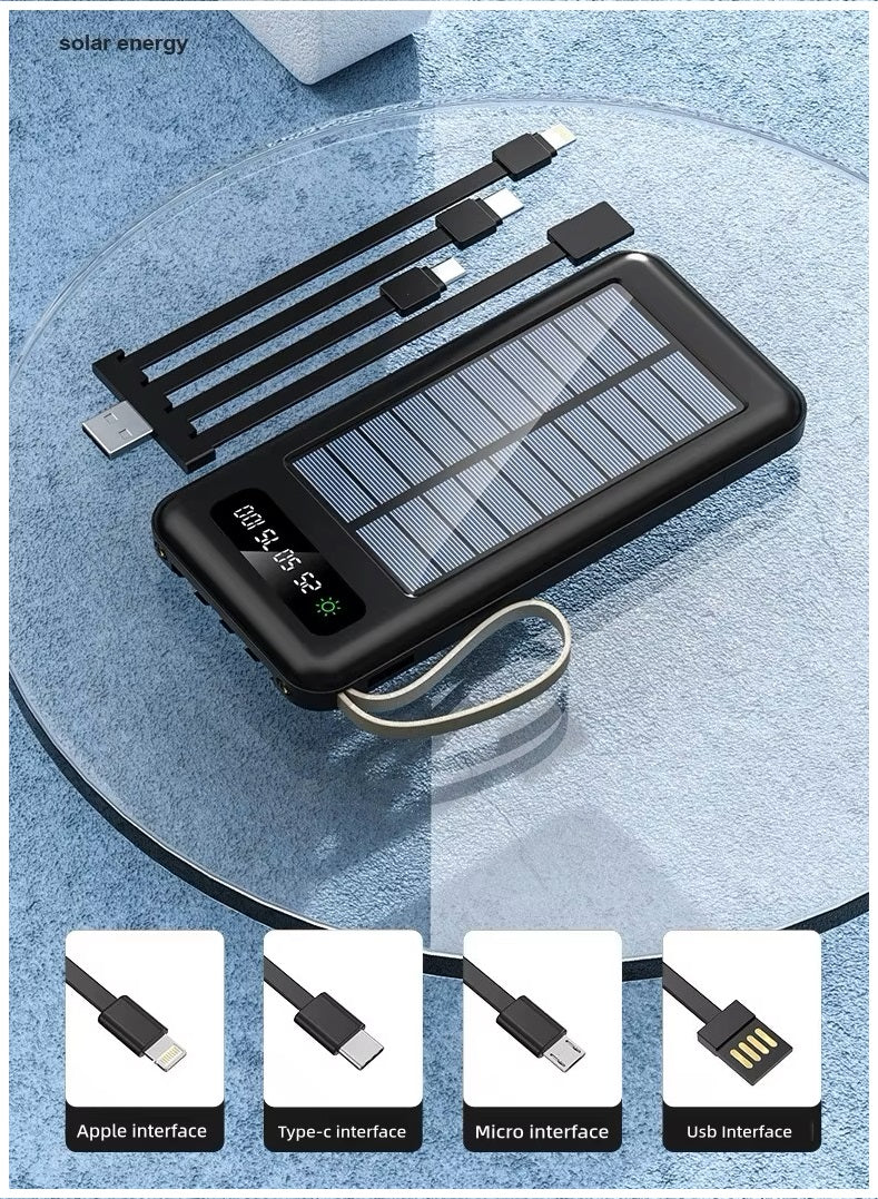 Batería Portátil Power Bank Solar 20000mAh Cables Integrados Luz LED