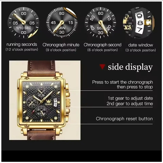 Reloj Cronógrafo Cuadrado de Lujo Hombre Diseño Deportivo y Elegante