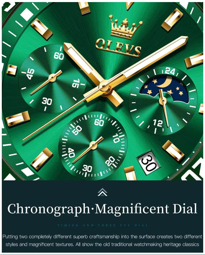 Reloj Cronógrafo Deportivo Hombre Acero Inoxidable Verde Dorado 42.5mm - Multifunción, Calendario, Resistente al Agua