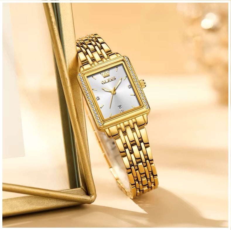 Reloj de Mujer Elegante Rectangular de Acero Inoxidable con Movimiento de Cuarzo, Calendario