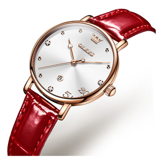 Reloj Femenino de Cuarzo con Correa de Cuero Rojo y Esfera Decorativa