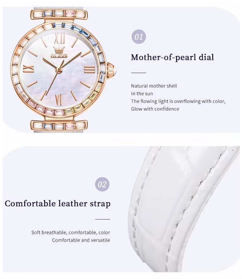 Reloj de Mujer Elegante con Correa de Cuero y Cristales Multicolor