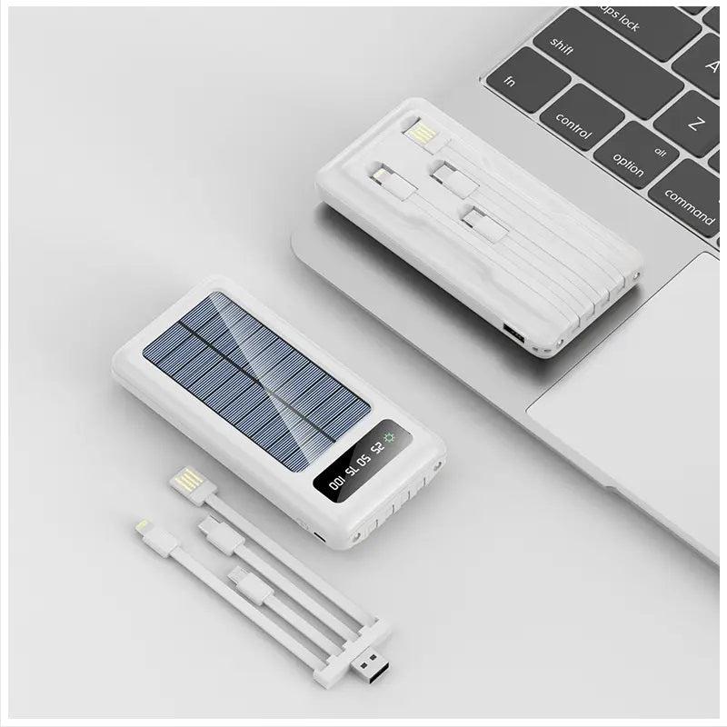 Batería Portátil Power Bank Solar 20000mAh Cables Integrados Luz LED