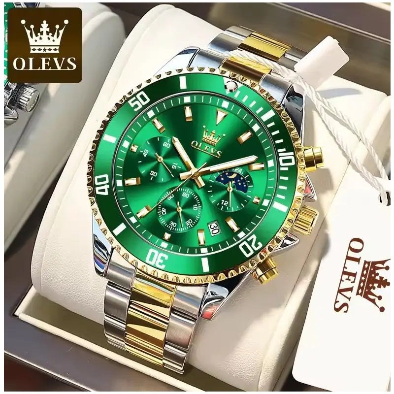 Reloj Cronógrafo Deportivo Hombre Acero Inoxidable Verde Dorado 42.5mm - Multifunción, Calendario, Resistente al Agua