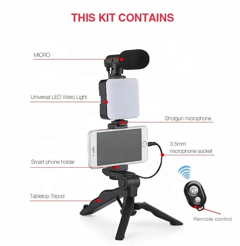 Kit de Grabación Micrófono Luz Led Soporte Control Remoto Trípode