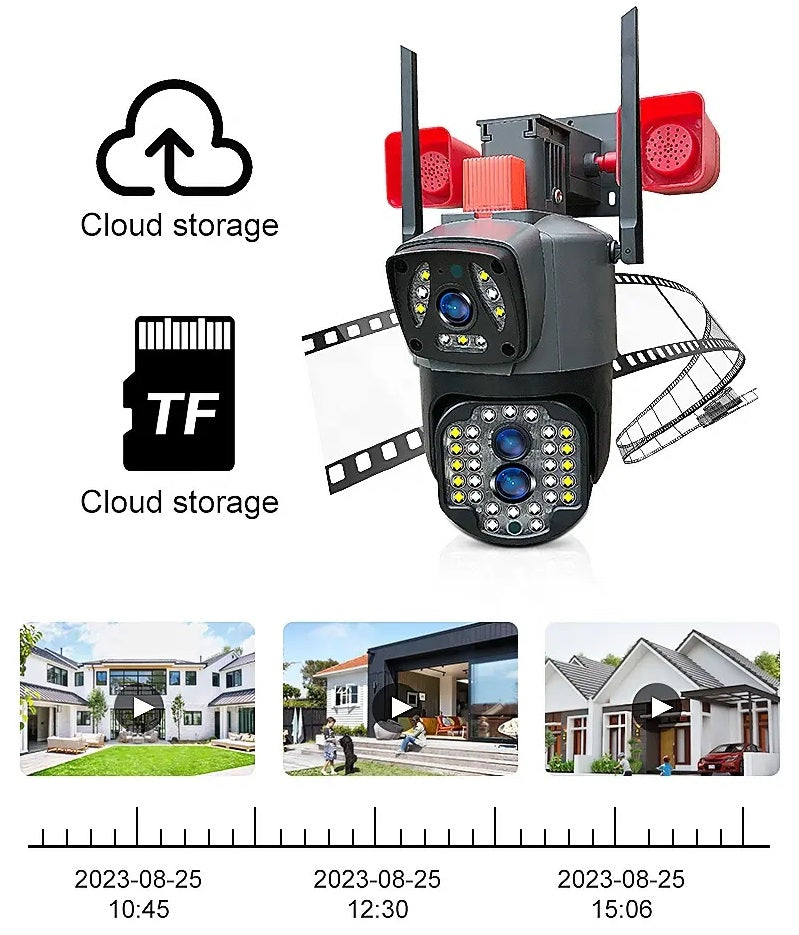 Cámara Seguridad WiFi Doble Lente Sirena Baliza IP23 LED HD Cobertura