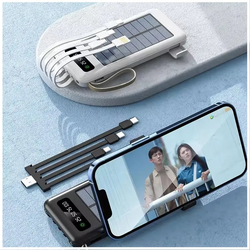 Batería Portátil Power Bank Solar 20000mAh Cables Integrados Luz LED