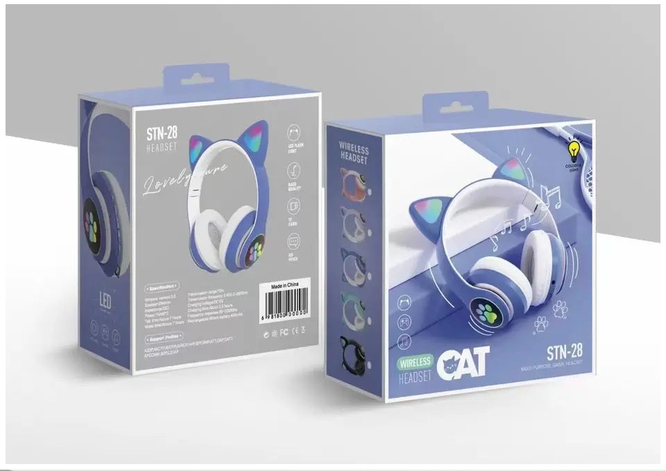 Audífonos inalámbricos Bluetooth RGB Orejas gato BT 5.0 Morado