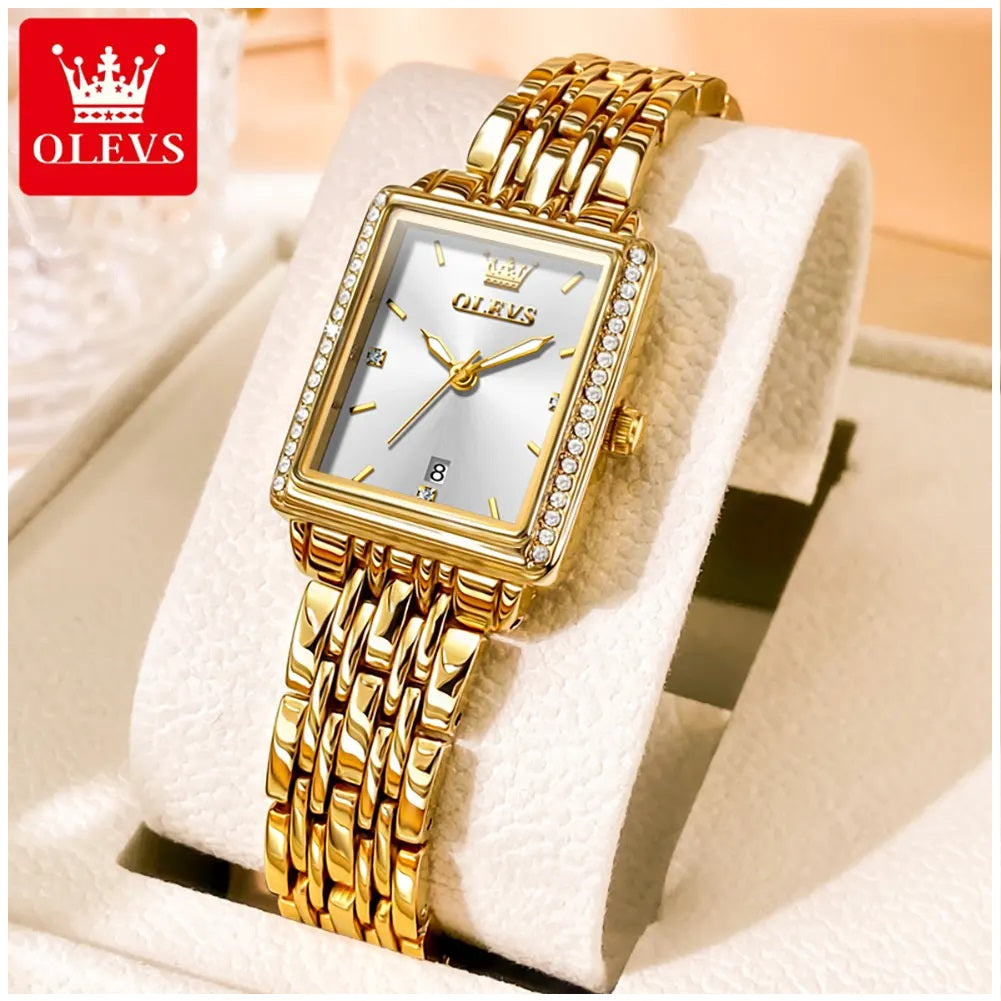 Reloj de Mujer Elegante Rectangular de Acero Inoxidable con Movimiento de Cuarzo, Calendario