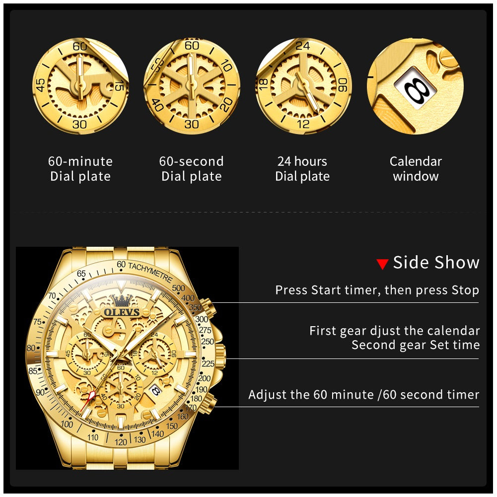 Reloj de Pulsera para Hombre Clásico de Lujo Acero Inoxidable Dorado