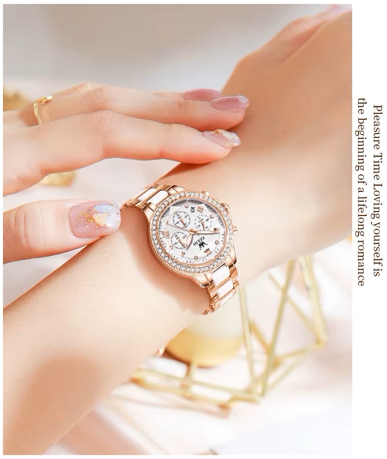 Reloj de Mujer Multifuncional Correa de Acero Inoxidable con Cerámica