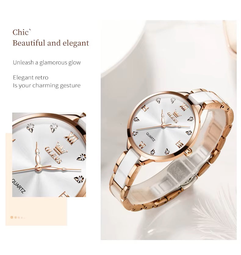 Reloj de Mujer Elegante de Cuarzo Correa de Cerámica Acero Inoxidable