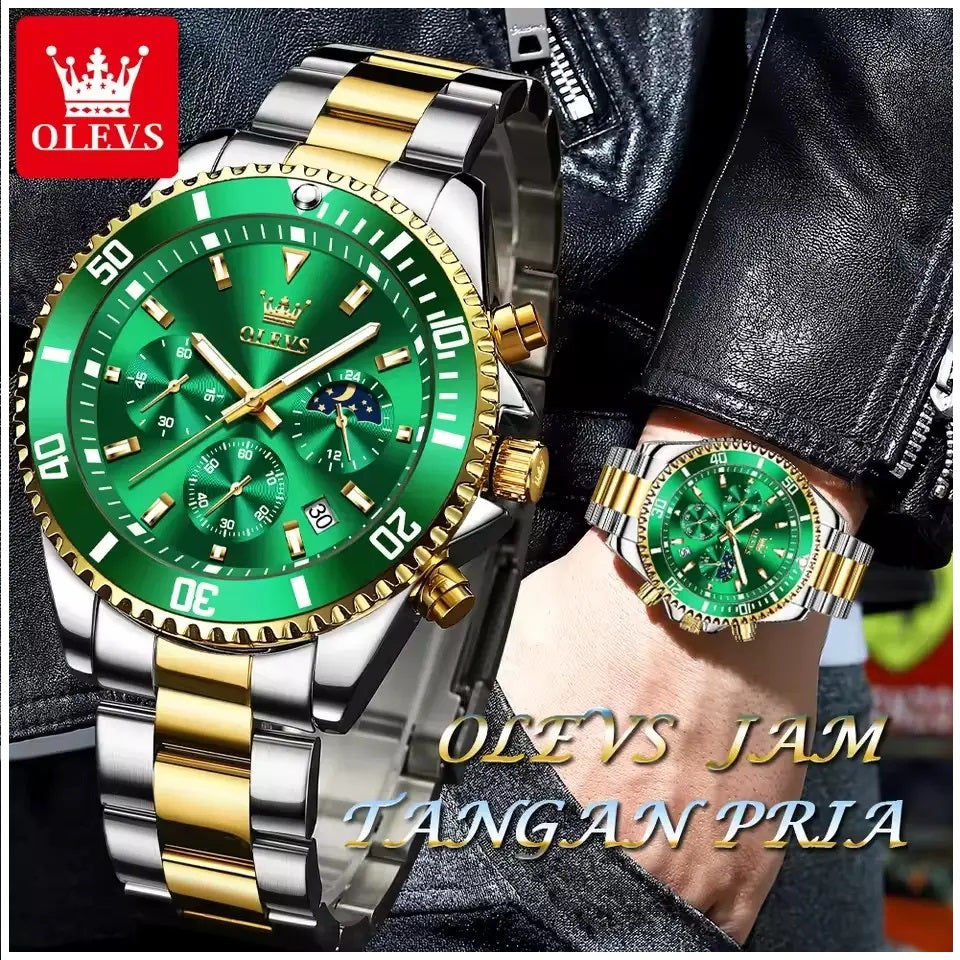 Reloj Cronógrafo Deportivo Hombre Acero Inoxidable Verde Dorado 42.5mm - Multifunción, Calendario, Resistente al Agua