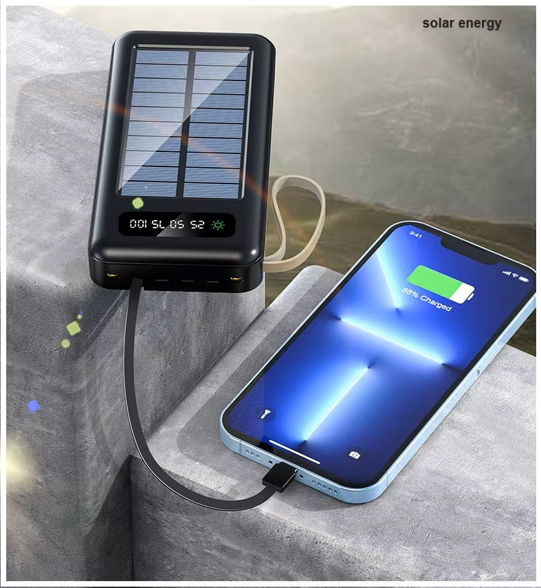 Batería Portátil Power Bank Solar 20000mAh Cables Integrados Luz LED