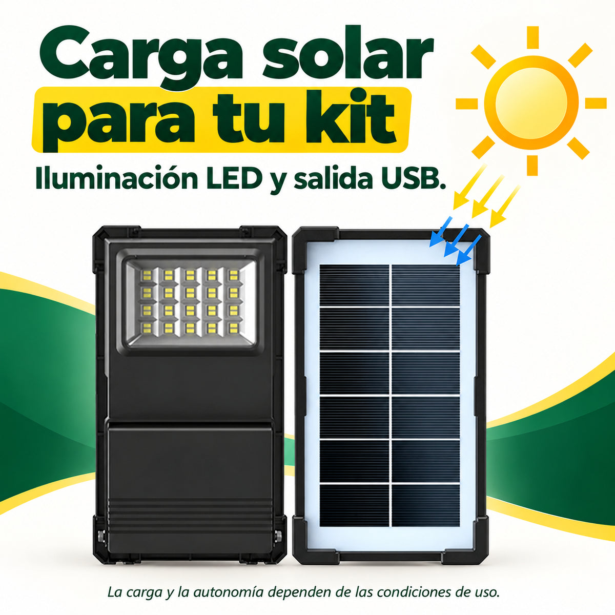Kit solar portátil con iluminación LED y USB · información en castellano